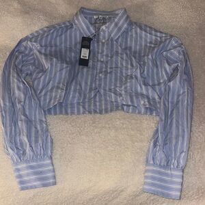 Blue Striped Cropped Button-Up Shirt